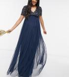 Maya Maternity Bridesmaid Short Sleeve Maxi Tulle Dress With Tonal Delicate Sequins In Taupe Navy