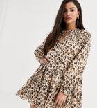 Asos Design Petite Tiered Trapeze Mini Dress In Leopard Print
