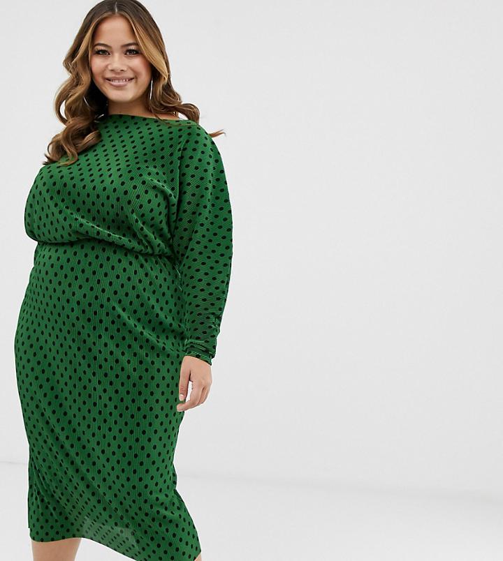 Asos Design Curve Polka Dot Slash Neck Batwing Plisse Midi Dress - Multi