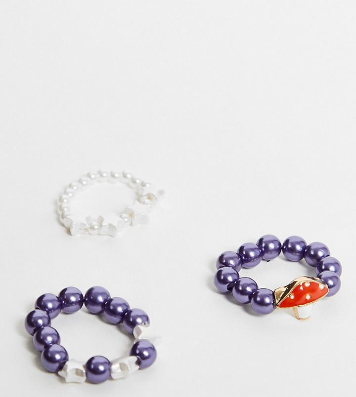 Reclaimed Vintage Inspired Stretch Ring Pack With Mushroom Pendant In 90's Beads-multi