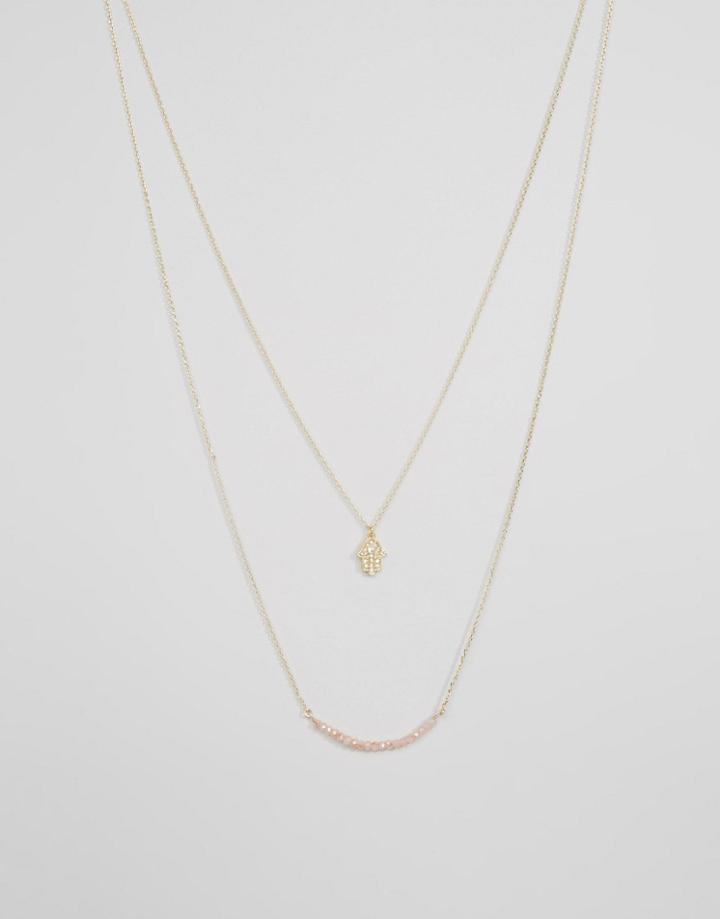 Orelia Hamsa Hand And Bead Double Row Necklace - Pale Gold