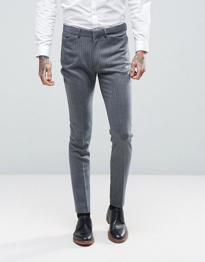 Asos Wedding Skinny Suit Pants In Herringbone Blue Wool Blend - Blue
