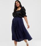Asos Design Curve Button Front Floaty Midi Skirt With Pleats - Navy