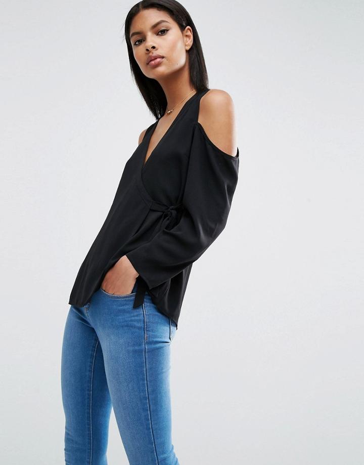 Asos Wrap Blouse With Cold Shoulder - Black
