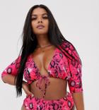 Asos Design Curve Mix And Match Long Sleeve Tie Front Bikini Top In Pink Neon Snake - Pink