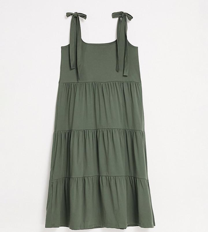 Asos Design Tall Oversized Square Neck Tie Shoulder Tiered Maxi Dress In Khaki-green