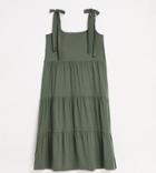 Asos Design Tall Oversized Square Neck Tie Shoulder Tiered Maxi Dress In Khaki-green