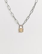 Asos Design Necklace With Hardware Chain And Gold Padlock In Silver Tone