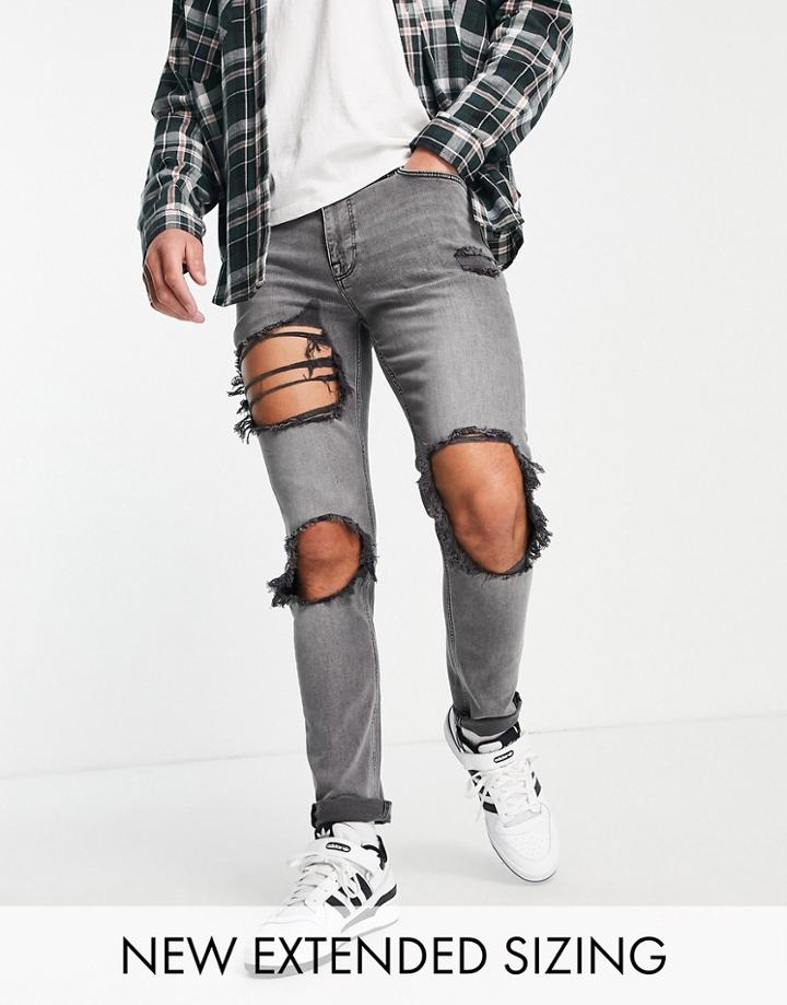Asos Design Skinny Jeans In Gray Wash With Heavy Rips-black