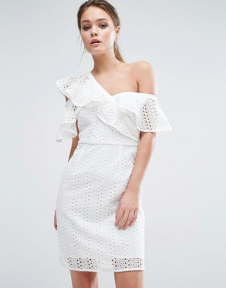 Dark Pink Asymmetric Ruffle Lace Pencil Dress - White