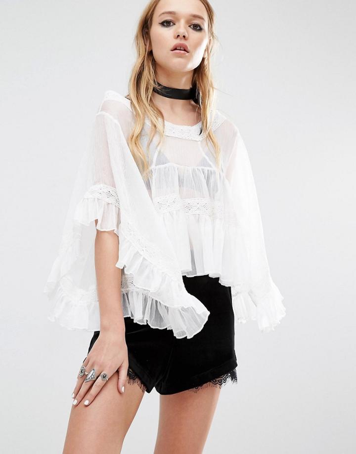 Navy London Frill Sleeve Wide Neck Angel Layer Top - White
