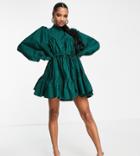 Asos Design Petite Cotton Poplin Pintuck Yoke Mini Skater Dress In Bottle Green