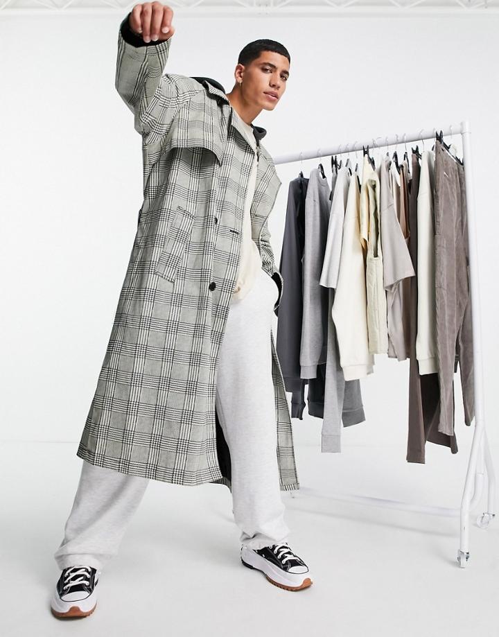 Asos Design Oversized Trench Coat In Gray Check With Hood-grey