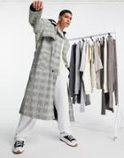 Asos Design Oversized Trench Coat In Gray Check With Hood-grey