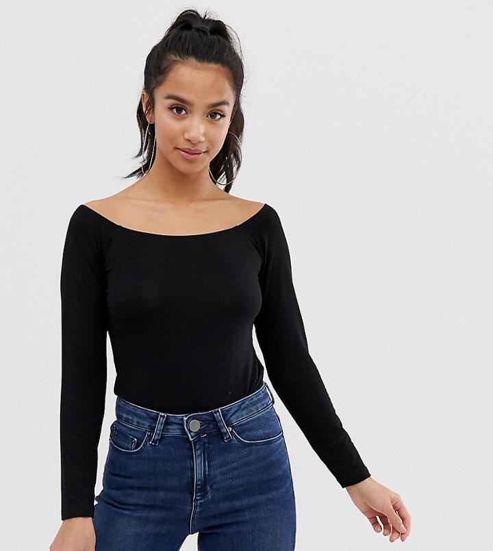 Asos Design Petite Off Shoulder Top With Long Sleeve In Black