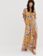 Band Of Gypsies Off Shoulder Maxi Dress With Tie Sleeves In Yellow Floral Print - Yellow