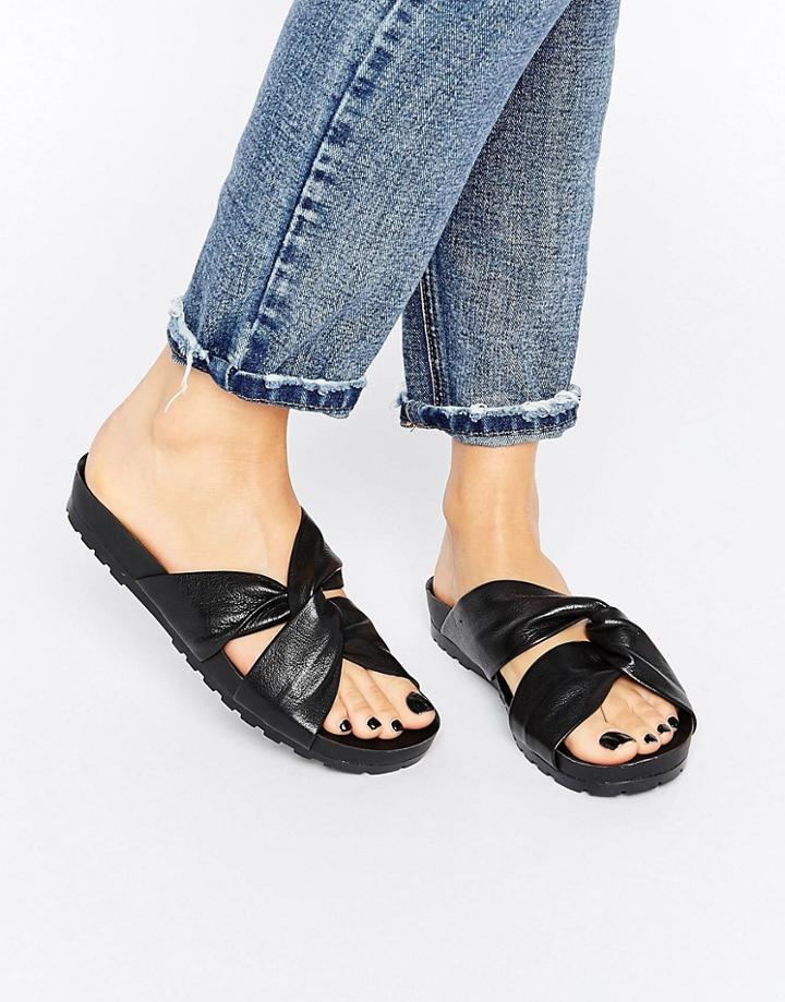 Vagabond Erie Black Leather Slide Flat Sandals - Black