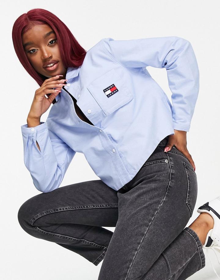 Tommy Jeans Button Down Woven Logo Shirt In Blue-blues