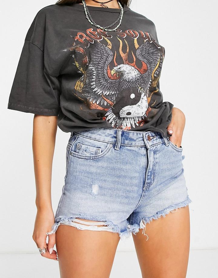 Only Pacy High Waisted Ripped Denim Shorts In Light Blue