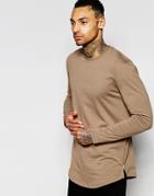 Asos Longline Long Sleeve T-shirt With Curve Hem And Zip In Brown - Brown