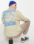Asos Design Oversized Long Sleeve T-shirt In Beige With Floral Back Print-neutral