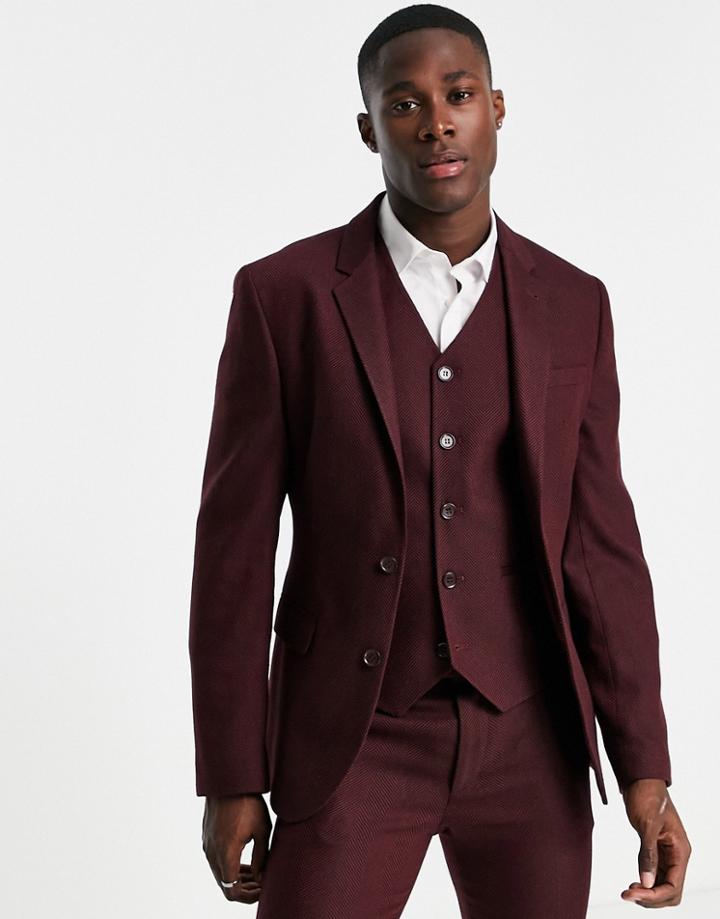Asos Design Wedding Super Skinny Wool Mix Suit Jacket In Burgundy Herringbone-red