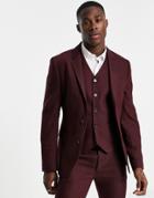 Asos Design Wedding Super Skinny Wool Mix Suit Jacket In Burgundy Herringbone-red