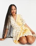 Asos Design Cotton Wrap Mini Dress With Eyelet Trim In Mixed Floral Print-multi