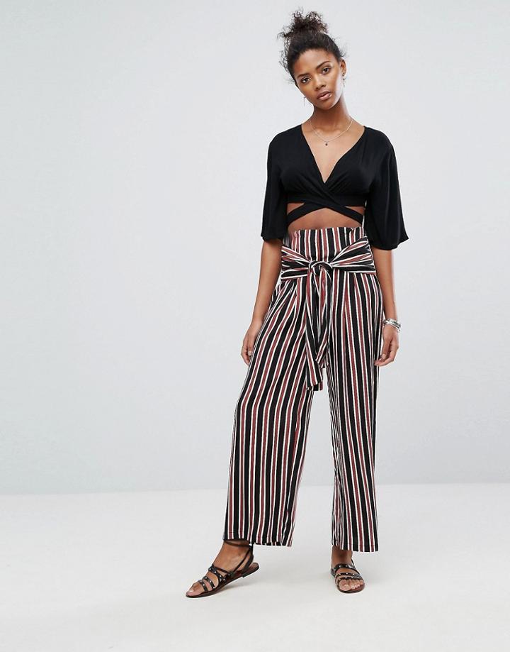 New Look Stripe Tie Front Pants - Blue