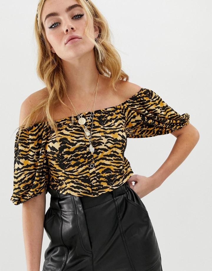 Asos Design Bardot Top In Tiger Print - Beige
