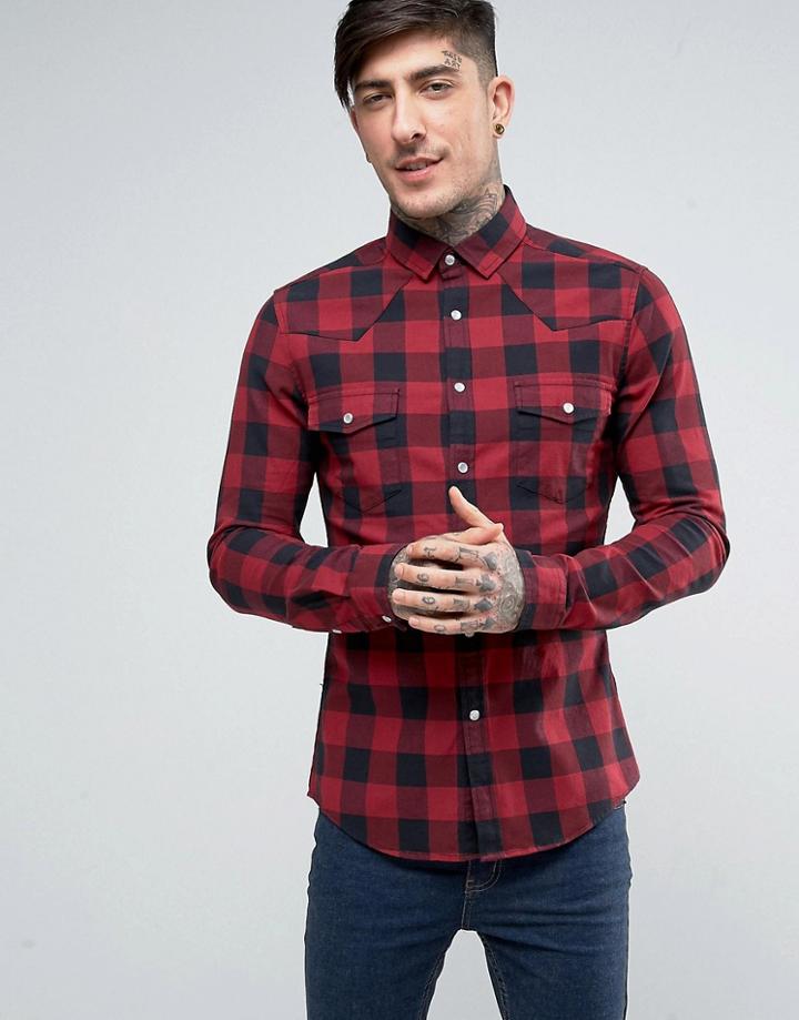 Asos Skinny Western Buffalo Plaid Shirt In Red - Red