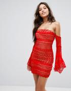 Love Triangle Allover Bandeau Mini Dress With Fluted Sleeve Detail-black