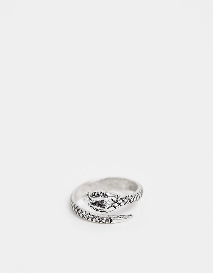 Asos Design Ring With Wrap Around Snake In Burnished Silver Tone