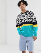 Asos Design Knitted Sweater In Color Blocked Animal-green