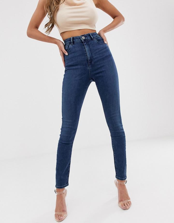 Asos Design Ridley High Waisted Skinny Jeans In Dark Stonewash Blue
