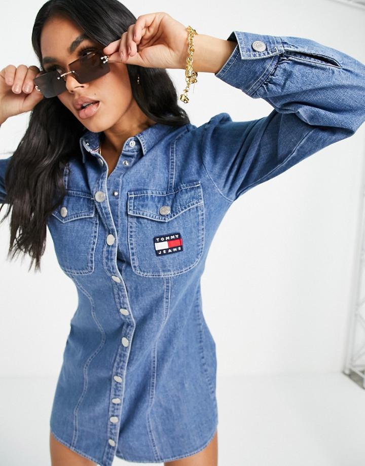 Tommy Jeans Button Up Logo Shirt Dress In Mid Indigo Chambray-blues