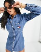 Tommy Jeans Button Up Logo Shirt Dress In Mid Indigo Chambray-blues
