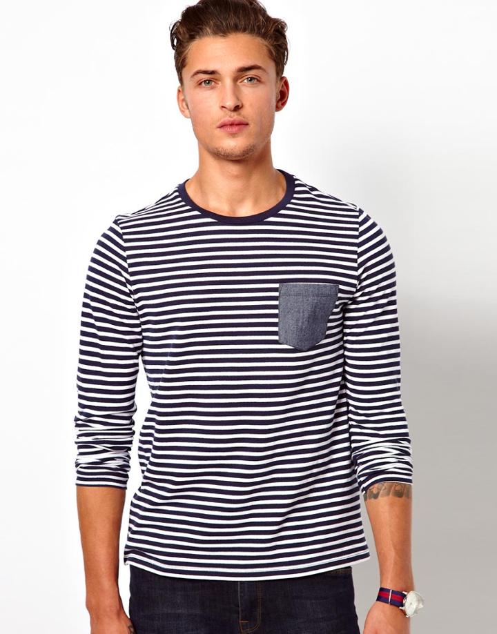 Asos Stripe Long Sleeve T-shirt In Pique Jersey With Oxford Pocket
