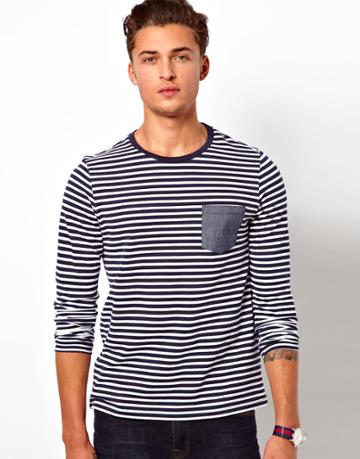 Asos Stripe Long Sleeve T-shirt In Pique Jersey With Oxford Pocket