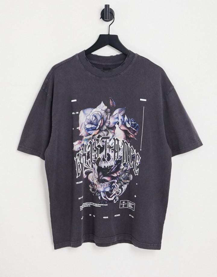 River Island Floral Skull T-shirt In Gray