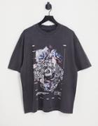 River Island Floral Skull T-shirt In Gray