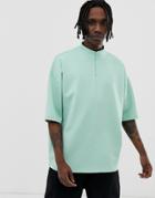 Asos Design Oversized Longline T-shirt With Turtleneck In Scuba Fabric In Green - Green