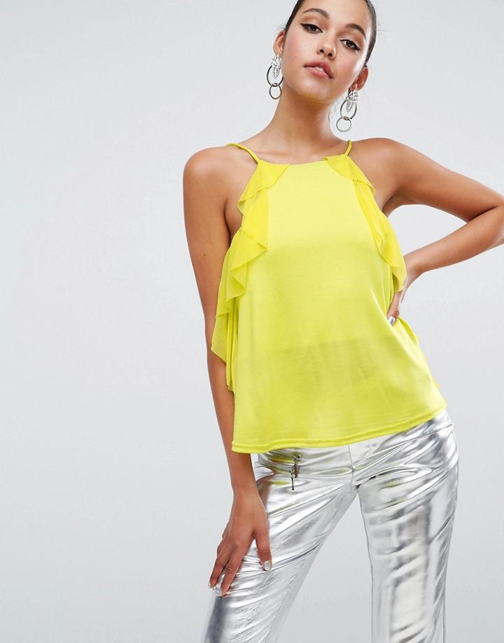 Asos Square Neck Cami In Crepe With Woven Ruffle Detail - Yellow