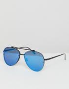 Asos Aviator Sunglasses In Matte Black Metal With Blue Mirrored Laid On Lens - Black