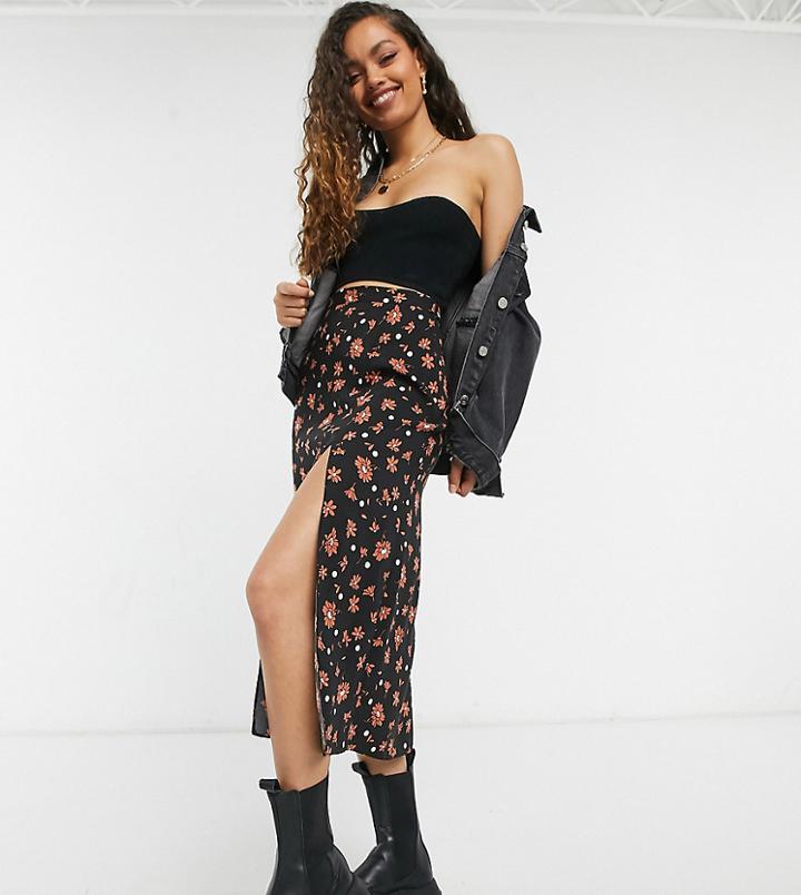 Asos Design Petite Midi Skirt With Thigh Slit In Floral & Dots Print-multi