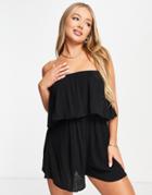 Asos Design Floaty Crinkle Bandeau Beach Romper In Black