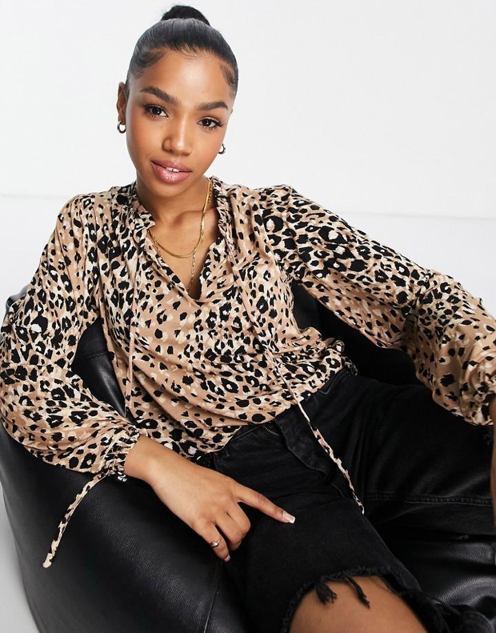 New Look Frill Neck Top In Leopard Print-brown