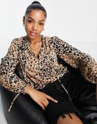 New Look Frill Neck Top In Leopard Print-brown