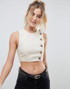 Asos Design Denim Two-piece Crop Top With Tortoiseshell Buttons - Stone