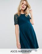 Asos Maternity Pleat And Lace Mini Dress - Blue